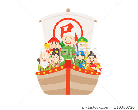 Illustration of a treasure ship carrying a snake and the Seven Lucky Gods Illustration of a treasure ship carrying a snake and the Seven Lucky Gods 119390726