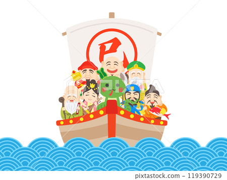 Illustration of a treasure ship at sea carrying a snake and the Seven Lucky Gods Illustration of a treasure ship at sea carrying a snake and the Seven Lucky Gods 119390729