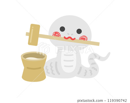 Illustration of a white snake character pounding mochi 119390742