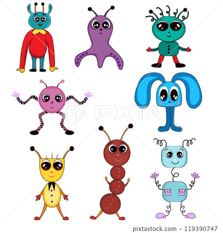 Big Set of isolated funny friendly monsters or Aliens. Cosmic monsters collection. Mascot characters. Kids funny character design for nursery, posters, cards., magazines. Vector illustration 119390747