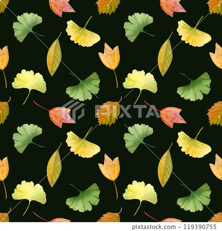 Ginkgo, autumn leaves seamless pattern on black background. High quality hand-painted detailed textured watercolor perfect for textile, wrapping paper, stationary, decor. Yellow, orange, green 119390755