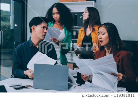 Stress, business people and employee frustrated with multitasking, pressure or overworked by team in chaos with paperwork. Anxiety, headache and worker overwhelmed by group and burnout in crisis Stress, business people and employee frustrated with multitasking, pressure or overworked by team in chaos with paperwork. Anxiety, headache and worker overwhelmed by group and burnout in crisis 119391011
