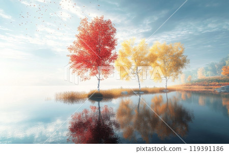 autumn landscape with a few trees displaying light red, yellow, and orange leaves, a small lake with calm water reflecting the sky 119391186