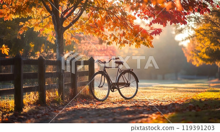 vintage bicycle leaning against a fence, surrounded by trees with colorful autumn leaves 119391203