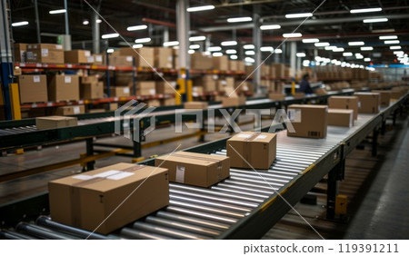 Box package on factory. Cargo manufacturing warehouse, logistics and delivery industry. Conveyor transportation and distribution. Automation roll manufacture. Shipping of parcel packaging 119391211