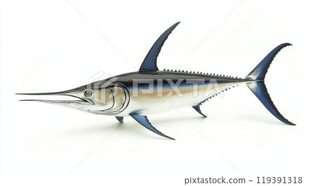 striking representation highlights a marlin known for its streamlined body and elongated bill captured in vivid detail against a stark white background emphasizing its beauty. 119391318