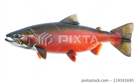 Coho Salmon displays its striking colors and distinctive physical characteristics illustrating the beauty and complexity of this fish breed in a clear and isolated setting. 119391695