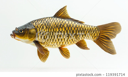 carp part of the Cyprinidae family displays its striking scales and vibrant colors swimming elegantly in a clear setting highlighting its natural beauty and grace. 119391714