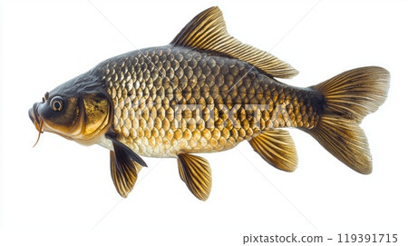 close up of a Carp reveals its distinctive features including scales and fins while set against a clean white backdrop. This highlights the fishs natural beauty. close up of a Carp reveals its distinctive features including scales and fins while set against a clean white backdrop. This highlights the fishs natural beauty. 119391715
