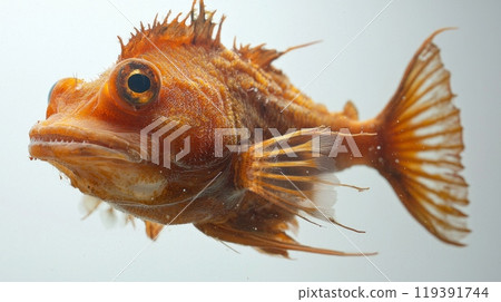 anglerfish Lophiiformes is prominently displayed highlighting its distinct physical characteristics and vibrant coloration against a clean white background. anglerfish Lophiiformes is prominently displayed highlighting its distinct physical characteristics and vibrant coloration against a clean white background. 119391744
