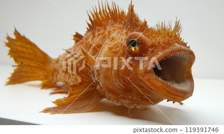 anglerfish displays its distinctive appearance featuring a rounded body prominent teeth and bioluminescent lure. The backdrop enhances its striking colors and details. 119391746