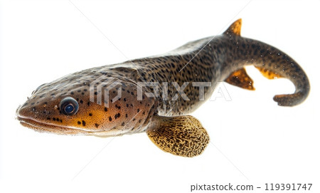 African lungfish displays its distinctive body and features against a stark white backdrop highlighting its adaptability and unique anatomy. 119391747