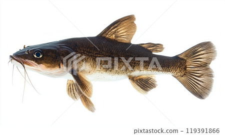 catfish belonging to the Siluriformes order is isolated on a white background showcasing its unique physical characteristics and form. catfish belonging to the Siluriformes order is isolated on a white background showcasing its unique physical characteristics and form. 119391866