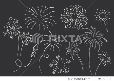Fireworks and rocket, salute with burst, light and festive explosions chalk in doodle style. Hand drawn sparks, firecracker on white background. Party, celebrations, event. 119392008