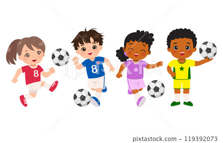 Cute different kids playing soccer ball Cute different kids playing soccer ball 119392073