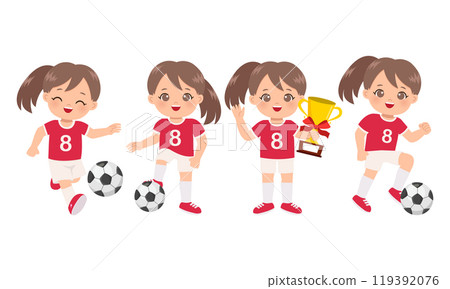 Cute girl playing soccer with different poses 119392076