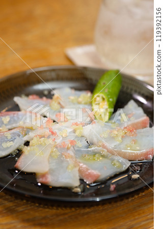 Sea Bream Carpaccio with Finger Lime Sea Bream Carpaccio with Finger Lime 119392156