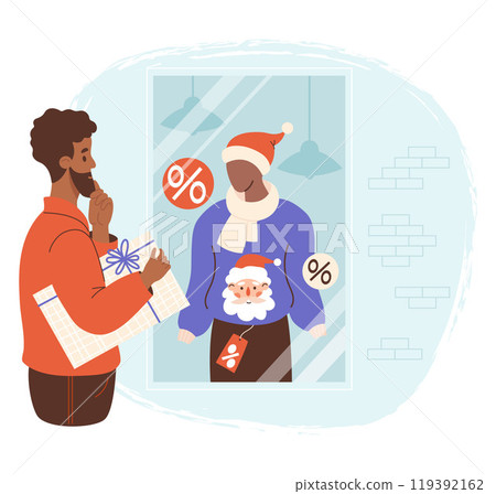 Ethnic black man with gift near showcase New Year store with mannequin in Santa hat, Christmas sweater with portrait of Claus and tag. Holiday sale, shopping for gift and clothes. Vector illustration. 119392162