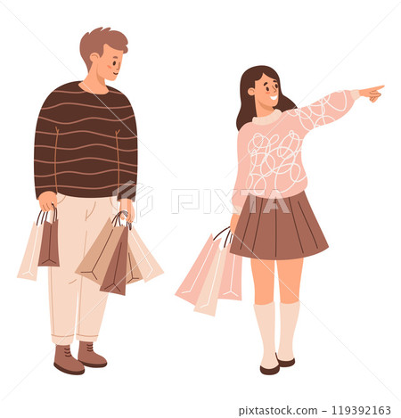 Happy man and woman with pointing hand gesture with gift paper shopping packages. Vector illustration. Isolated Holiday shopper character in pastel colors on white background Happy man and woman with pointing hand gesture with gift paper shopping packages. Vector illustration. Isolated Holiday shopper character in pastel colors on white background 119392163