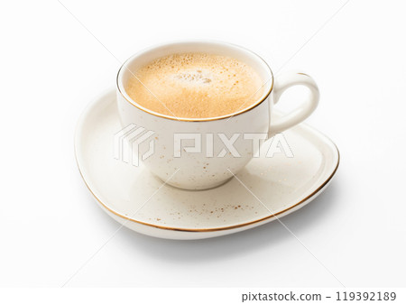Luxury porcelain cup with saucer of fresh creamy coffee on white background. Luxury porcelain cup with saucer of fresh creamy coffee on white background. 119392189