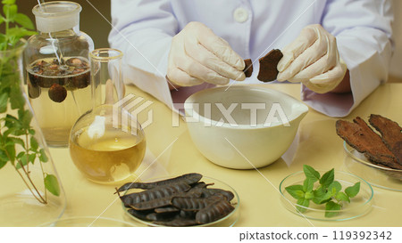 Herbal ingredients are placed on the table for the shampoo experiment while a scientist is conducting a shampoo experiment by breaking a brown dry herb into a white mortar. Herbal ingredients are placed on the table for the shampoo experiment while a scientist is conducting a shampoo experiment by breaking a brown dry herb into a white mortar. 119392342
