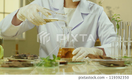 Surrounded by the important plants used for the experiment, a comfortable laboratory situation depicts a scientist pouring herbal solution from one flask to another. Surrounded by the important plants used for the experiment, a comfortable laboratory situation depicts a scientist pouring herbal solution from one flask to another. 119392350