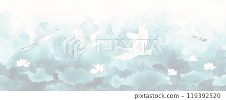 一群白鶴飛過荷塘的藍色水彩背景 119392520