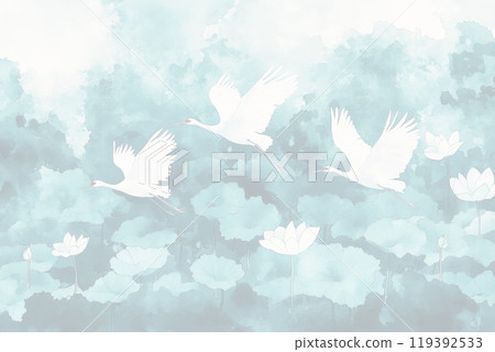 一群白鶴飛過荷塘的藍色水彩背景 119392533