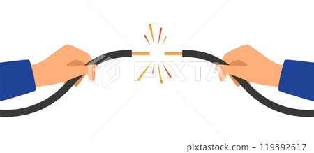 Hands holding broken electrical cable with electric spark. Electric broken cable vector isolated on white background. 119392617