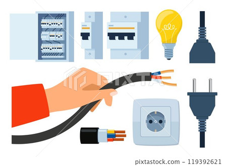 Essential Electrical Repair Tools for Professional Technician, Socket Maintenance Service. Electrician worker equipment for electric power system inspection. Electricity, energy concept. Vector. 119392621