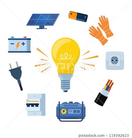 Essential Electrical Repair Tools for Professional Technician, Socket Maintenance Service. Electrician worker equipment for electric power system inspection. Electricity, energy concept. Vector. 119392623