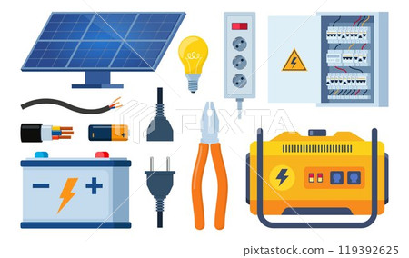 Essential Electrical Repair Tools for Professional Technician, Socket Maintenance Service. Electrician worker equipment for electric power system inspection. Electricity, energy concept. Vector. Essential Electrical Repair Tools for Professional Technician, Socket Maintenance Service. Electrician worker equipment for electric power system inspection. Electricity, energy concept. Vector. 119392625