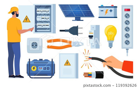 Essential Electrical Repair Tools for Professional Technician, Socket Maintenance Service. Electrician worker equipment for electric power system inspection. Electricity, energy concept. Vector. Essential Electrical Repair Tools for Professional Technician, Socket Maintenance Service. Electrician worker equipment for electric power system inspection. Electricity, energy concept. Vector. 119392626