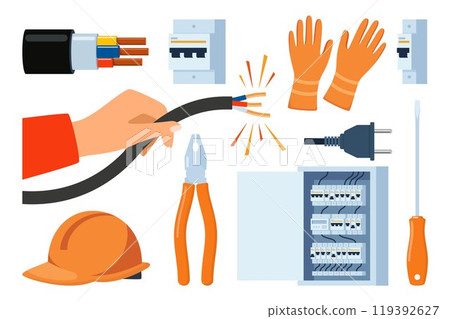 Essential Electrical Repair Tools for Professional Technician, Socket Maintenance Service. Electrician worker equipment for electric power system inspection. Electricity, energy concept. Vector. 119392627