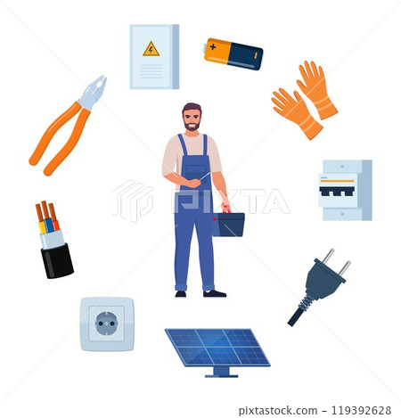 Essential Electrical Repair Tools for Professional Technician, Socket Maintenance Service. Electrician worker equipment for electric power system inspection. Electricity, energy concept. Vector. Essential Electrical Repair Tools for Professional Technician, Socket Maintenance Service. Electrician worker equipment for electric power system inspection. Electricity, energy concept. Vector. 119392628