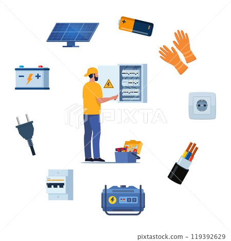 Essential Electrical Repair Tools for Professional Technician, Socket Maintenance Service. Electrician worker equipment for electric power system inspection. Electricity, energy concept. Vector. 119392629