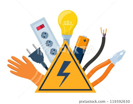 Essential Electrical Repair Tools for Professional Technician, Socket Maintenance Service. Electrician worker equipment for electric power system inspection. Electricity, energy concept. Vector. 119392630