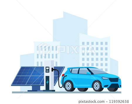 Electric car charging, side view. Solar panel. Modern urban landscape with high-rise buildings skyscrapers. Ecologically clean transport, eco-city. Vector illustration. 119392638