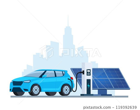 Electric car charging, side view. Solar panel. Modern urban landscape with high-rise buildings skyscrapers. Ecologically clean transport, eco-city. Vector illustration. Electric car charging, side view. Solar panel. Modern urban landscape with high-rise buildings skyscrapers. Ecologically clean transport, eco-city. Vector illustration. 119392639