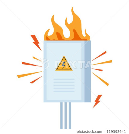 The electrical panel caught on fire. Damaged Switchboard. Danger situation. High voltage. Vector illustration. 119392641