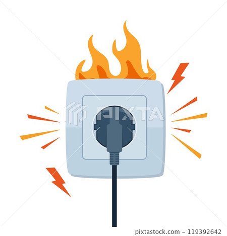 Socket and plug on fire from overload. Electrical safety concept. Short circuit electrical circuit. Vector illustration. 119392642