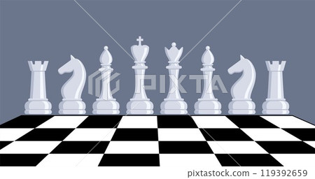 Chess pieces, set of elements. Sports and intellectual game, strategy. Queen, king, bishop, knight, rook, pawn. Vector illustration. Chess pieces, set of elements. Sports and intellectual game, strategy. Queen, king, bishop, knight, rook, pawn. Vector illustration. 119392659