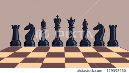 Chess pieces, set of elements. Sports and intellectual game, strategy. Queen, king, bishop, knight, rook, pawn. Vector illustration. Chess pieces, set of elements. Sports and intellectual game, strategy. Queen, king, bishop, knight, rook, pawn. Vector illustration. 119392660