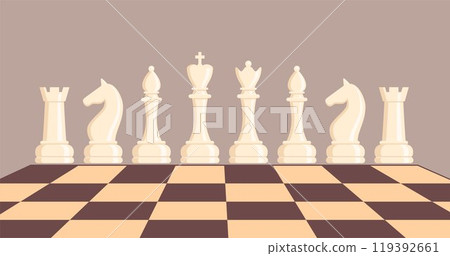 Chess pieces, set of elements. Sports and intellectual game, strategy. Queen, king, bishop, knight, rook, pawn. Vector illustration. Chess pieces, set of elements. Sports and intellectual game, strategy. Queen, king, bishop, knight, rook, pawn. Vector illustration. 119392661