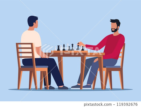 Men playing chess at game board at table. Chessboard players competitors, two rivals at international tournament, competition, match. Vector illustration. 119392676