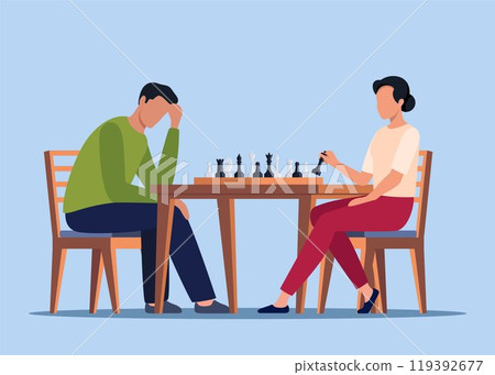 Man, woman playing chess at game board at table. Chessboard players competitors, two rivals at international tournament, competition, match. Vector illustration. 119392677