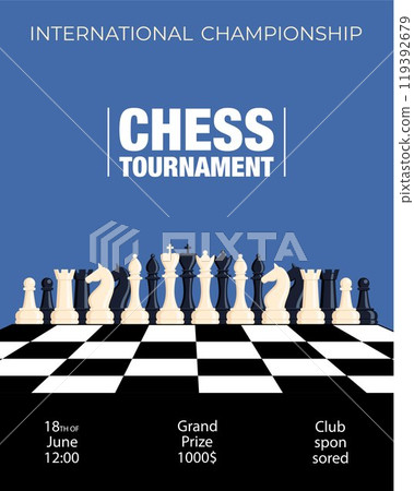 Chess tournament, competition. Poster invitation template. Sport club chess strategy. Vector illustration. 119392679