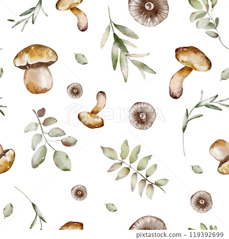 Watercolor Forest mushrooms Seamless Wallpaper. Hand drawn autumnal ornament with foliage on white background. Plant backdrop wrapping paper, pattern. Botanical fall print for textile. Watercolor Forest mushrooms Seamless Wallpaper. Hand drawn autumnal ornament with foliage on white background. Plant backdrop wrapping paper, pattern. Botanical fall print for textile. 119392699