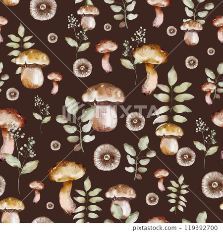 Watercolor Forest mushrooms Seamless Wallpaper. Hand drawn autumnal ornament with foliage on black background. Plant backdrop wrapping paper, pattern. Botanical fall print for textile. Watercolor Forest mushrooms Seamless Wallpaper. Hand drawn autumnal ornament with foliage on black background. Plant backdrop wrapping paper, pattern. Botanical fall print for textile. 119392700
