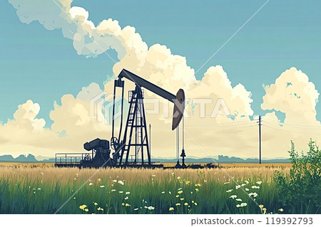 Oil pump jack working in a field under cloudy sky 119392793